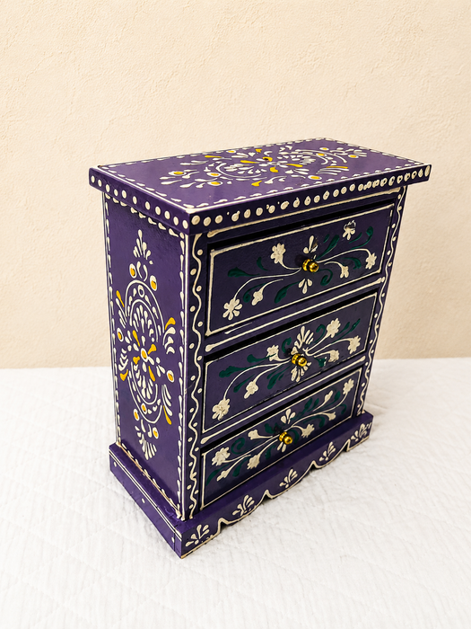 Hand Painted Wooden 3 Drawer Cabinet | Purple Floral Indian Decor