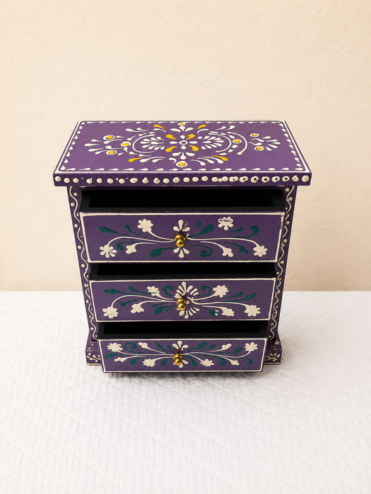 Hand Painted Wooden 3 Drawer Cabinet | Purple Floral Indian Decor