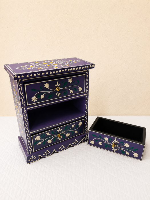 Hand Painted Wooden 3 Drawer Cabinet | Purple Floral Indian Decor