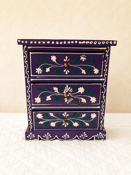 Hand Painted Wooden 3 Drawer Cabinet | Purple Floral Indian Decor