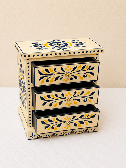 Hand Painted Wooden 3 Drawer Cabinet | Traditional Floral Decor