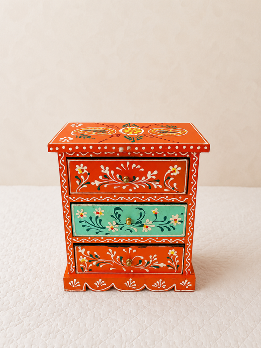 Hand Painted Wooden 3 Drawer Cabinet | Traditional Floral Indian Decor