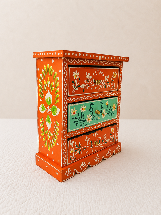 Hand Painted Wooden 3 Drawer Cabinet | Traditional Floral Indian Decor