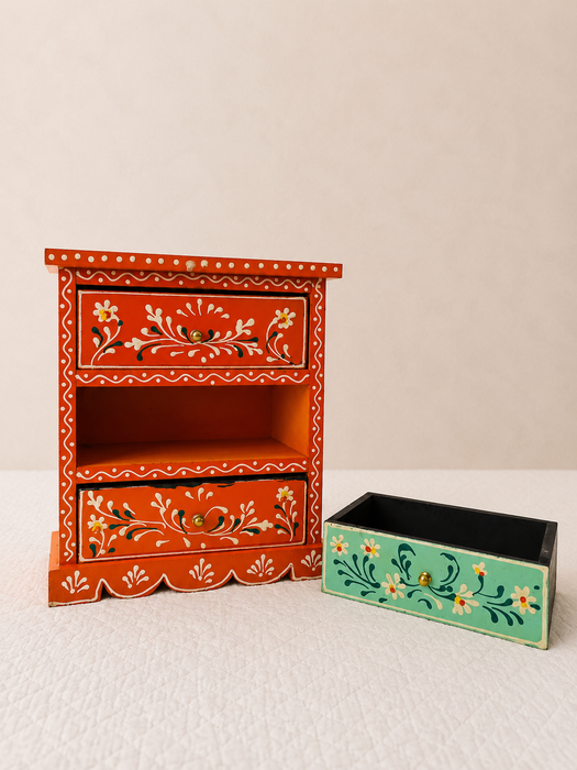 Hand Painted Wooden 3 Drawer Cabinet | Traditional Floral Indian Decor