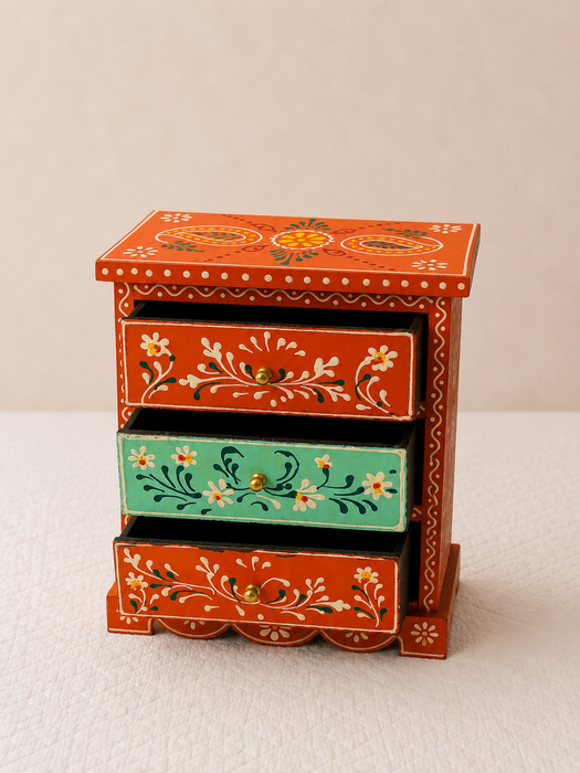 Hand Painted Wooden 3 Drawer Cabinet | Traditional Floral Indian Decor