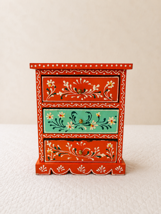 Hand Painted Wooden 3 Drawer Cabinet | Traditional Floral Indian Decor
