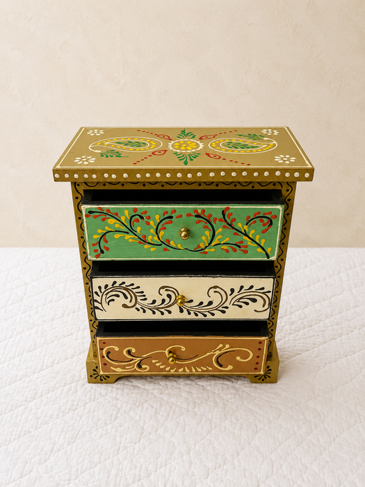 Hand Painted Wooden 3 Drawer Cabinet | Traditional Floral Storage Decor