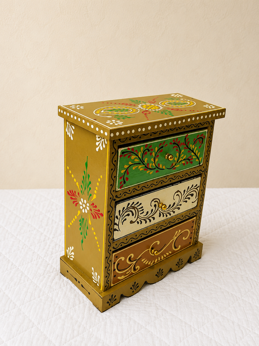 Hand Painted Wooden 3 Drawer Cabinet | Traditional Floral Storage Decor