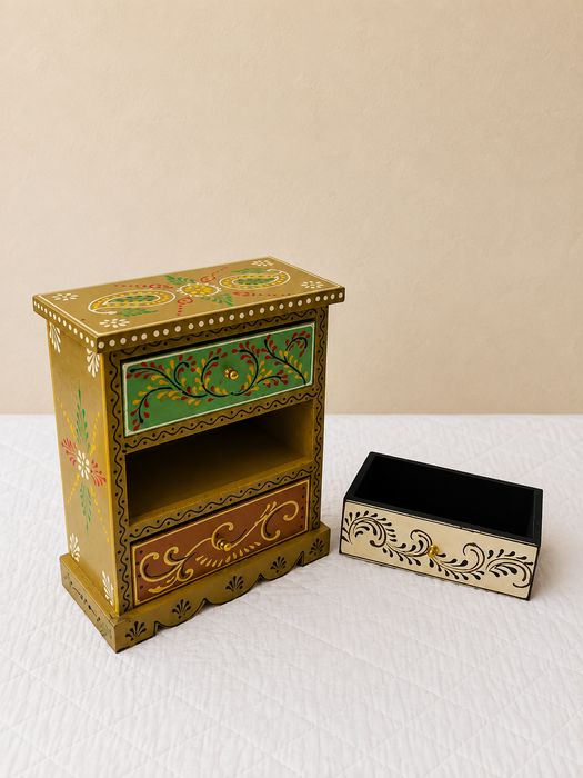 Hand Painted Wooden 3 Drawer Cabinet | Traditional Floral Storage Decor