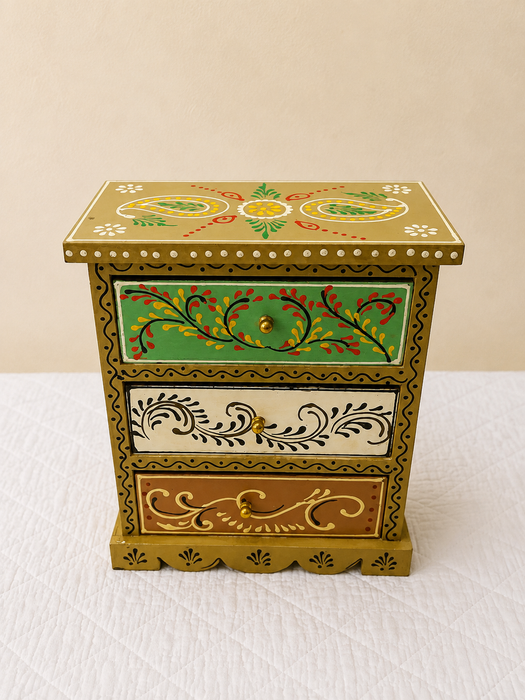 Hand Painted Wooden 3 Drawer Cabinet | Traditional Floral Storage Decor