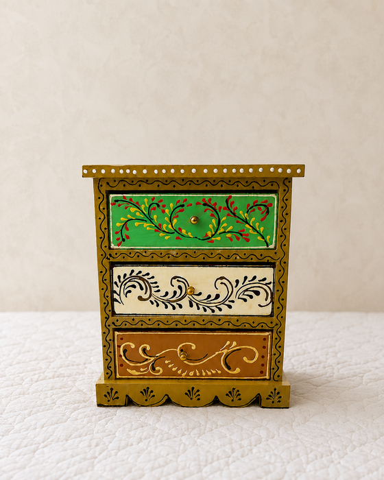 Hand Painted Wooden 3 Drawer Cabinet | Traditional Floral Storage Decor