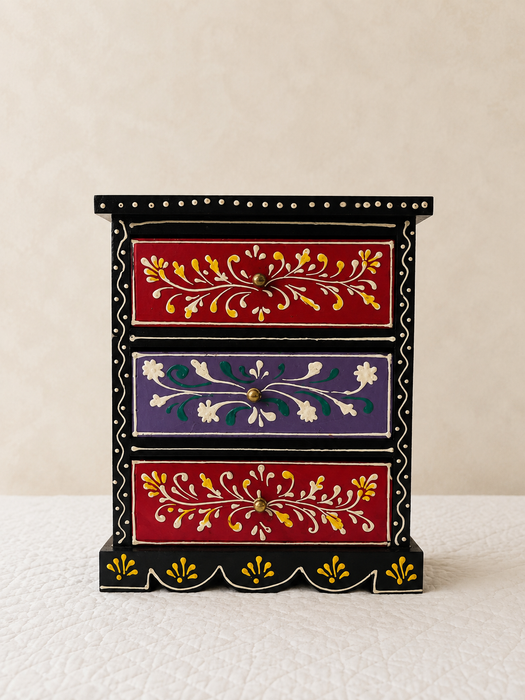 Hand Painted Wooden 3 Drawer Cabinet | Traditional Indian Floral Decor