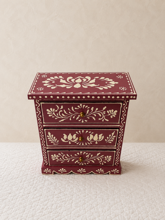 Hand Painted Wooden 3 Drawer Cabinet | Traditional Indian Floral Decor