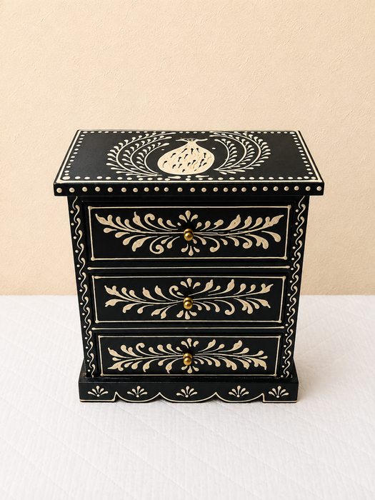 Hand Painted Wooden 3 Drawer Cabinet | Traditional Indian Floral Decor