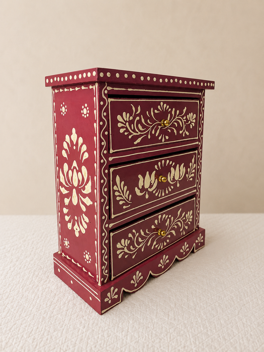 Hand Painted Wooden 3 Drawer Cabinet | Traditional Indian Floral Decor