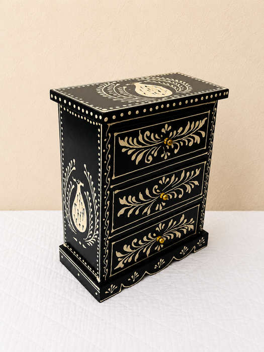 Hand Painted Wooden 3 Drawer Cabinet | Traditional Indian Floral Decor