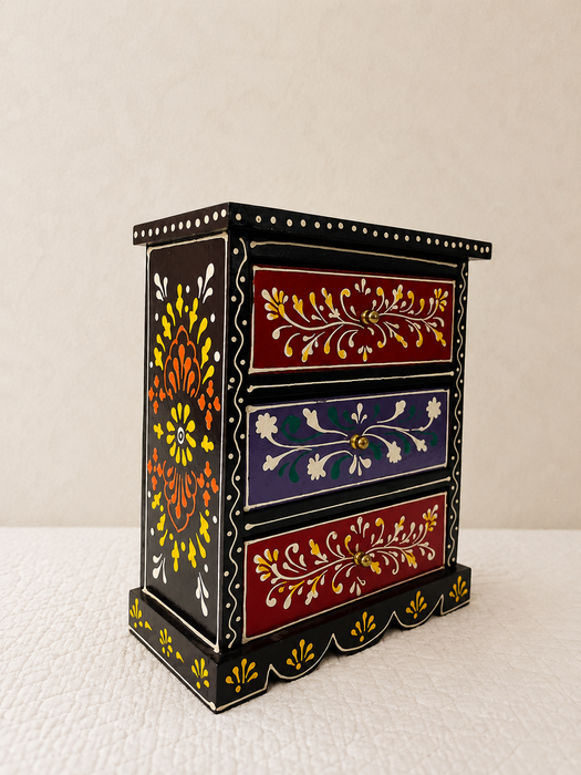 Hand Painted Wooden 3 Drawer Cabinet | Traditional Indian Floral Decor