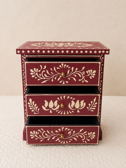 Hand Painted Wooden 3 Drawer Cabinet | Traditional Indian Floral Decor