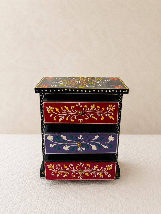 Hand Painted Wooden 3 Drawer Cabinet | Traditional Indian Floral Decor