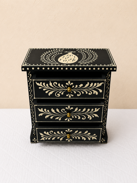 Hand Painted Wooden 3 Drawer Cabinet | Traditional Indian Floral Decor