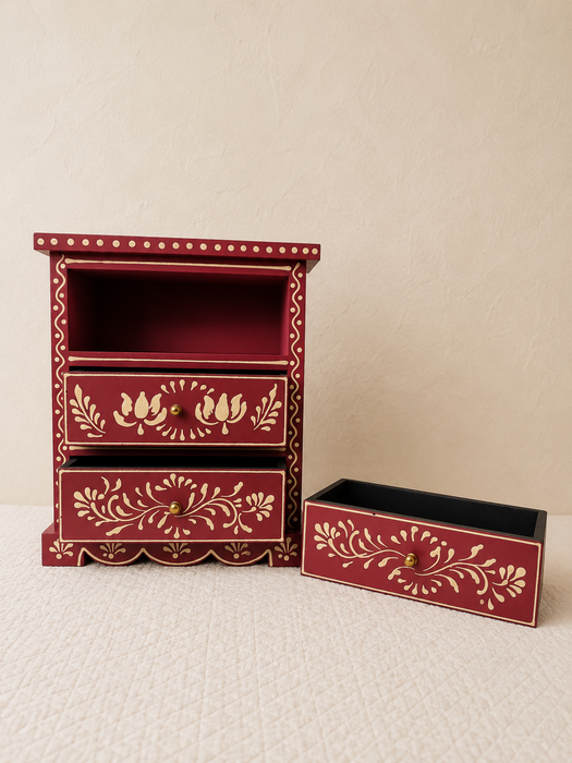 Hand Painted Wooden 3 Drawer Cabinet | Traditional Indian Floral Decor