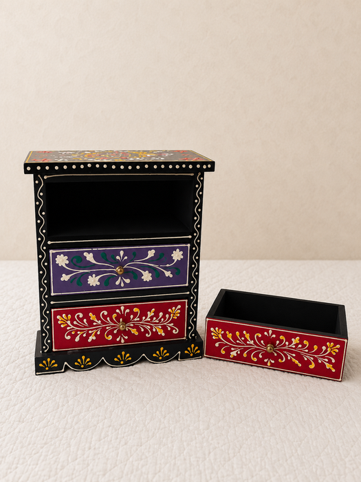 Hand Painted Wooden 3 Drawer Cabinet | Traditional Indian Floral Decor