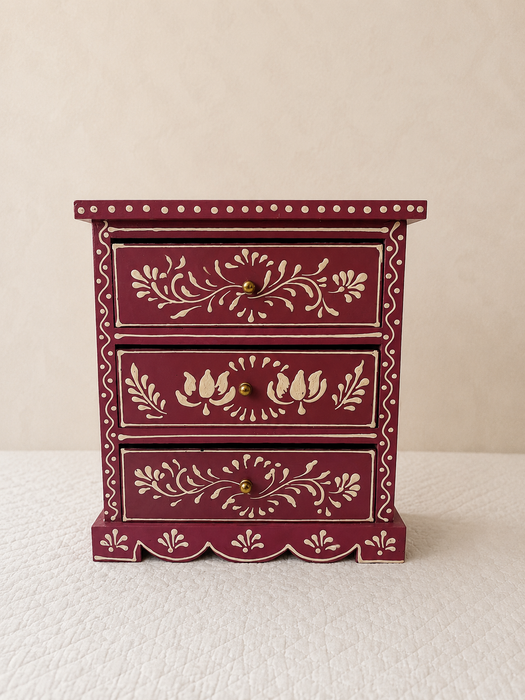 Hand Painted Wooden 3 Drawer Cabinet | Traditional Indian Floral Decor