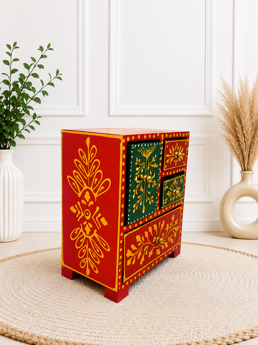 Hand Painted Wooden 3 Drawer Cabinet | Traditional Indian Handmade Decor