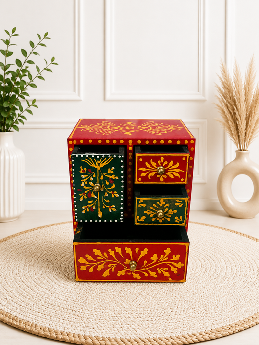 Hand Painted Wooden 3 Drawer Cabinet | Traditional Indian Handmade Decor