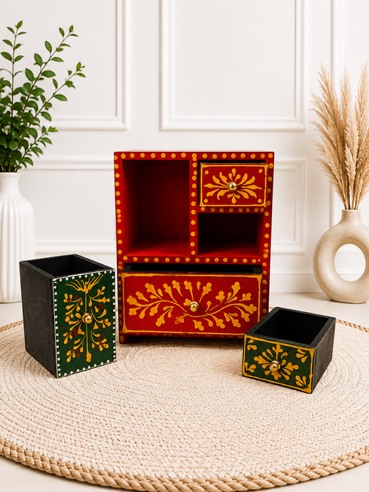 Hand Painted Wooden 3 Drawer Cabinet | Traditional Indian Handmade Decor
