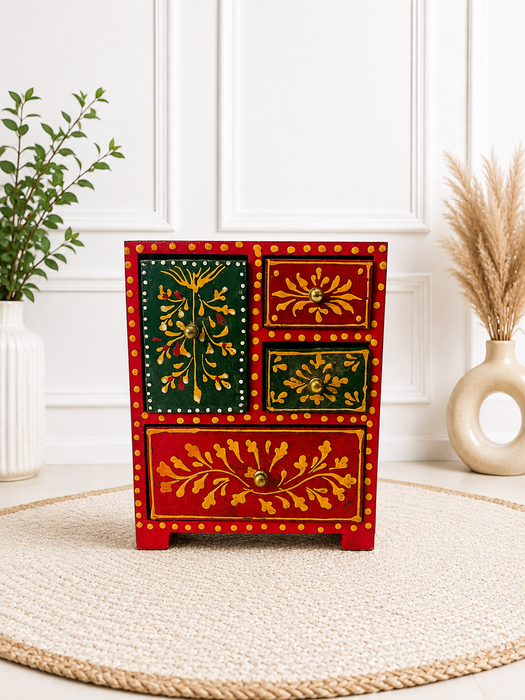 Hand Painted Wooden 3 Drawer Cabinet | Traditional Indian Handmade Decor