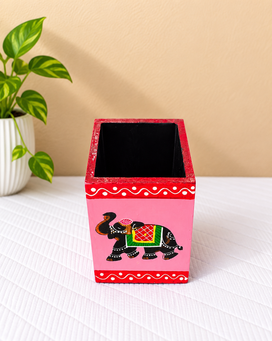 Handcrafted Wooden Pen Stand, Hand Painted Indian Traditional Elephant Pencil Holder
