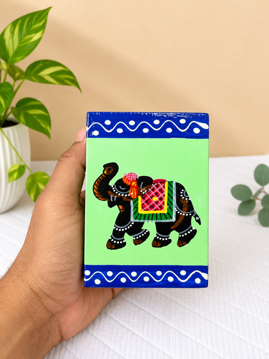 Handcrafted Wooden Pen Stand, Hand Painted Indian Traditional Elephant Decorative Pencil Holder