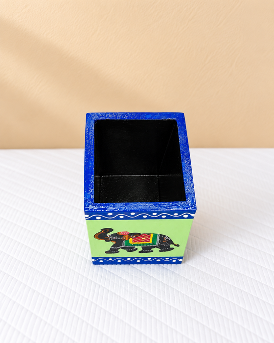 Handcrafted Wooden Pen Stand, Hand Painted Indian Traditional Elephant Decorative Pencil Holder