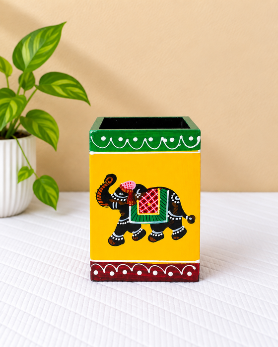Handcrafted Wooden Pen Stand, Hand Painted Indian Traditional Elephant Decorative Pencil Holder