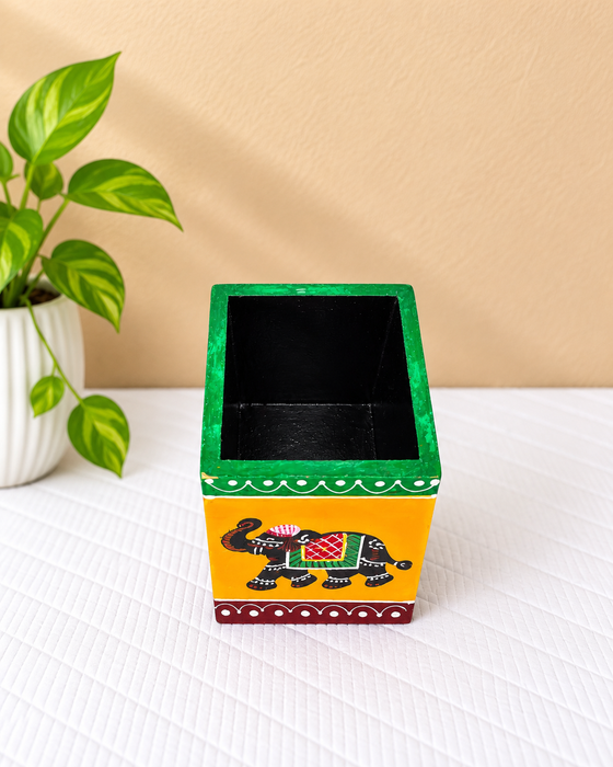 Handcrafted Wooden Pen Stand, Hand Painted Indian Traditional Elephant Decorative Pencil Holder