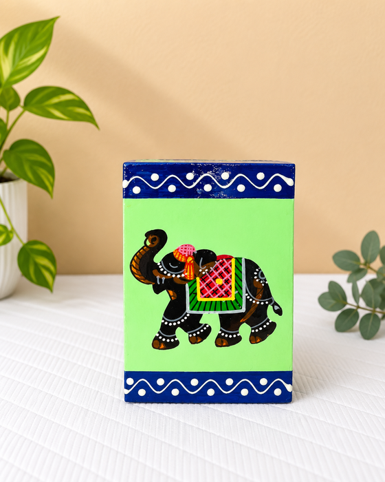 Handcrafted Wooden Pen Stand, Hand Painted Indian Traditional Elephant Decorative Pencil Holder