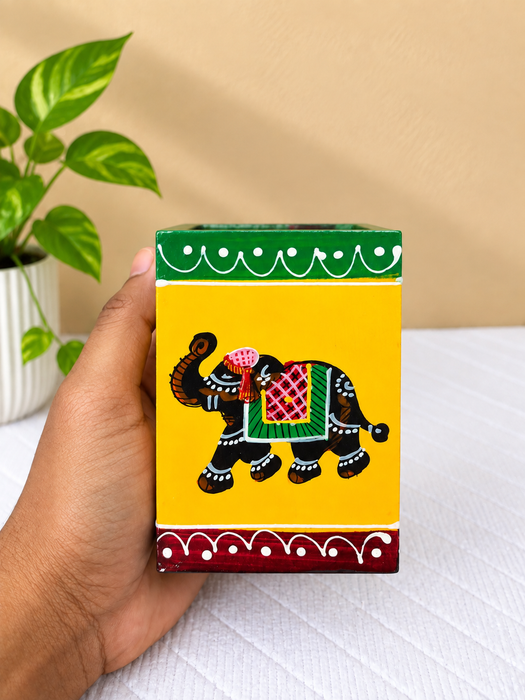 Handcrafted Wooden Pen Stand, Hand Painted Indian Traditional Elephant Decorative Pencil Holder
