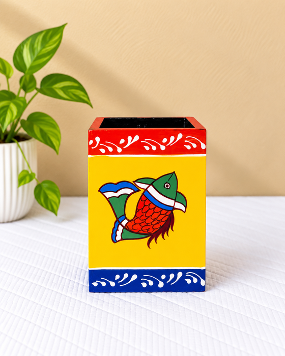 Handcrafted Wooden Pen Stand, Hand Painted Indian Traditional Fish Decorative Pencil Holder