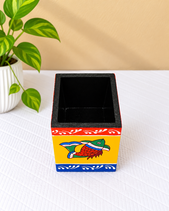Handcrafted Wooden Pen Stand, Hand Painted Indian Traditional Fish Decorative Pencil Holder