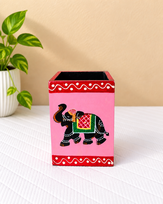 Handcrafted Wooden Pen Stand, Hand Painted Indian Traditional Elephant Pencil Holder