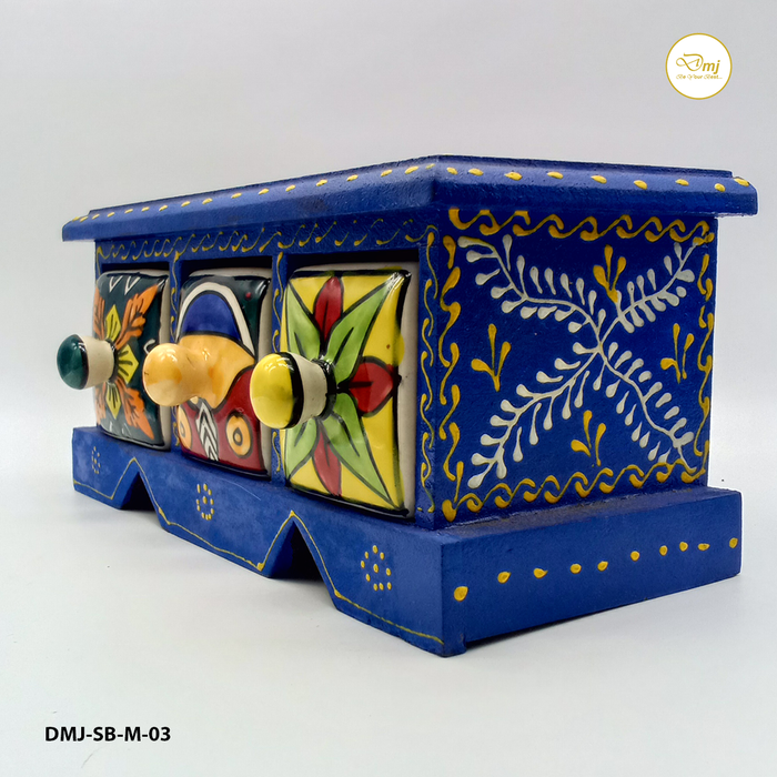 Handcrafted Blue Color Wooden Ceramic Drawer Storage Box