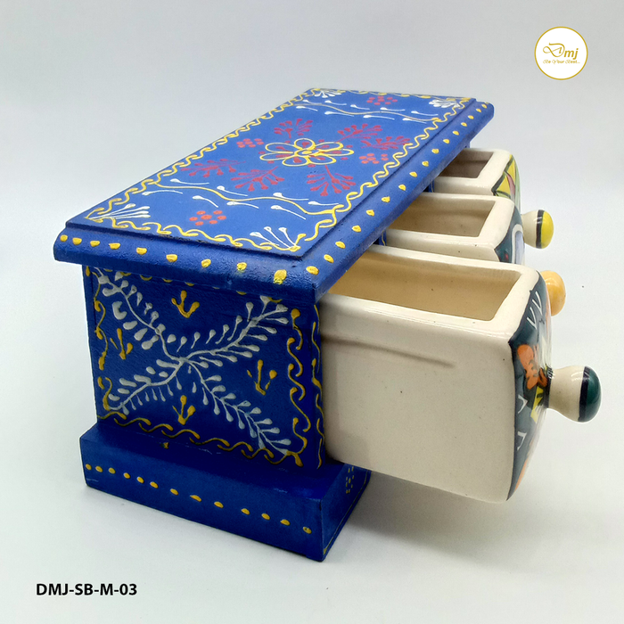Handcrafted Blue Color Wooden Ceramic Drawer Storage Box