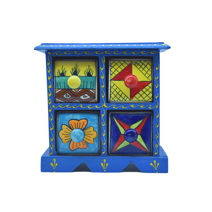 Handcrafted Blue Color Wooden Ceramic Drawer Storage Box