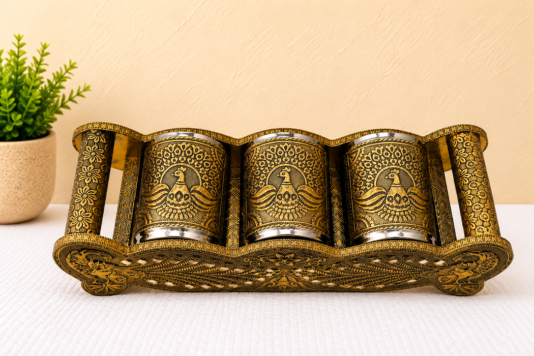 Handcrafted Meenakari Glass & Tray Set | Traditional Indian Drinkware