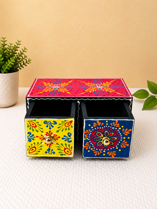 Handcrafted Wooden 2-Drawer Storage Box, Hand Painted Floral Indian Traditional Decor