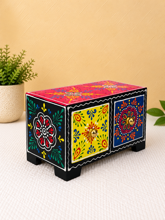 Handcrafted Wooden 2-Drawer Storage Box, Hand Painted Floral Indian Traditional Decor