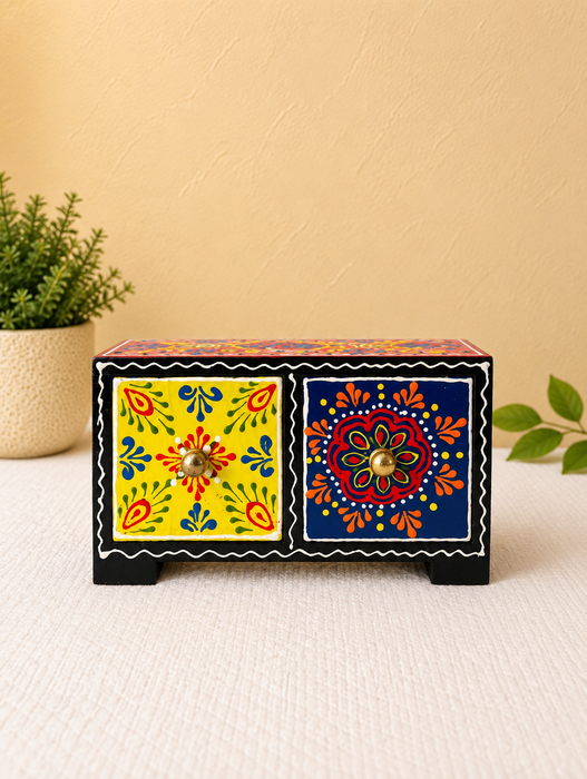 Handcrafted Wooden 2-Drawer Storage Box, Hand Painted Floral Indian Traditional Decor