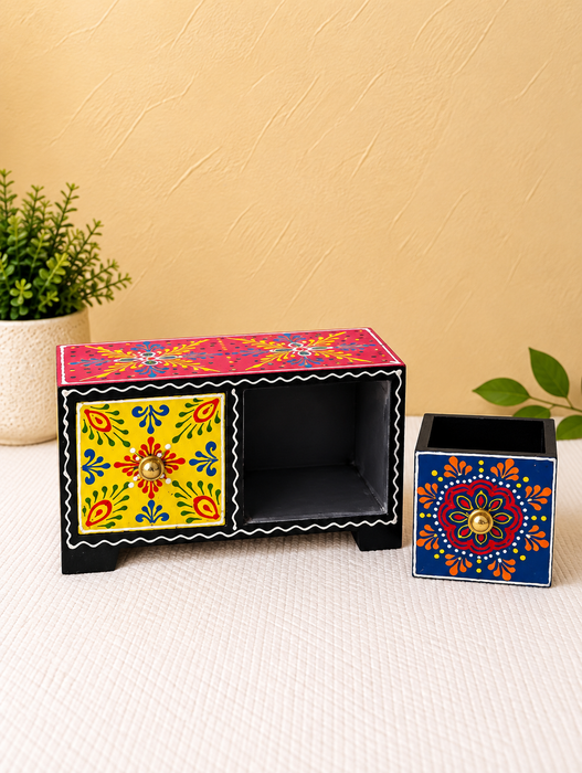 Handcrafted Wooden 2-Drawer Storage Box, Hand Painted Floral Indian Traditional Decor