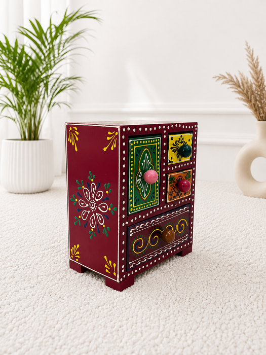Handcrafted Wooden 4 Drawer Chest, Hand Painted Indian Home Decor
